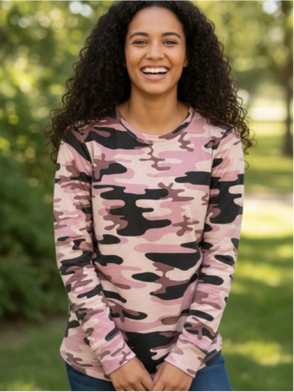 d&co. Heavenly Jersey Camo Long Sleeve Shirt Size M Pink